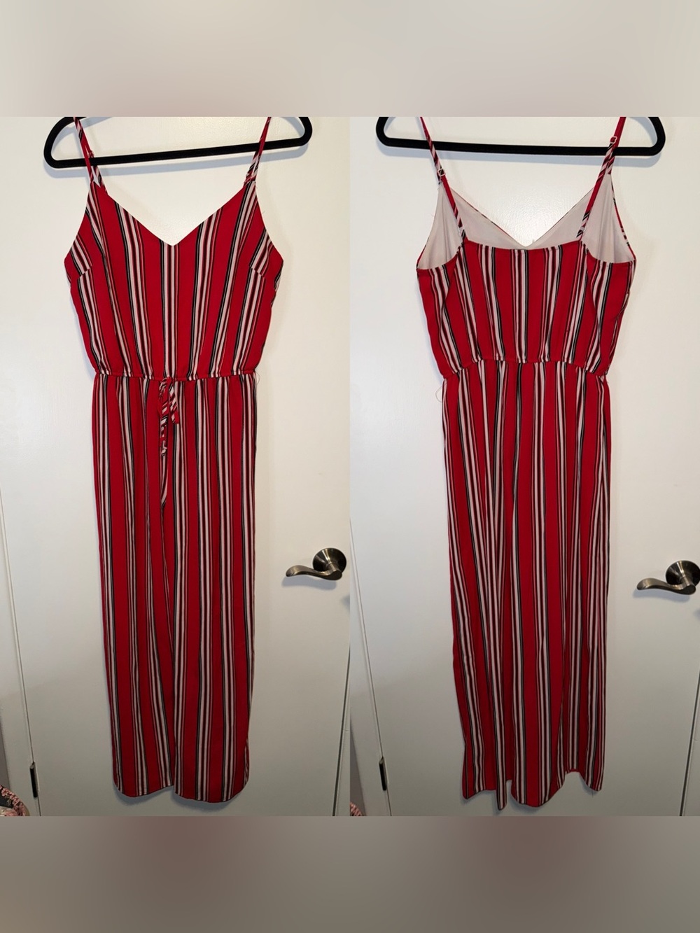 Ambiance Red Striped V-Neck Jumpsuit with Spaghetti Straps